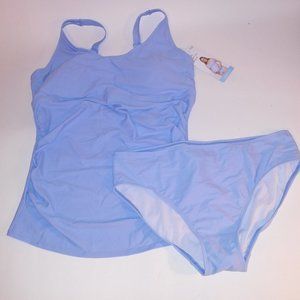 Crane Swim Tankini Set Large 12 14 Maternity Solid Light Blue Ruched Sides Tank